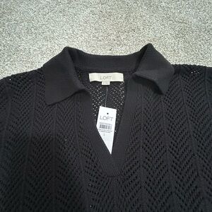 LOFT Black Textured V-Neck Short Sleeve Sweater